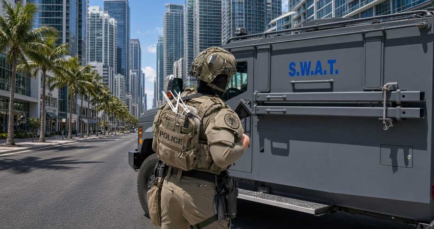 Pánico en Miami: Despliegue de equipos SWAT termina con un hombre arrestado tras horas de terror swatteam