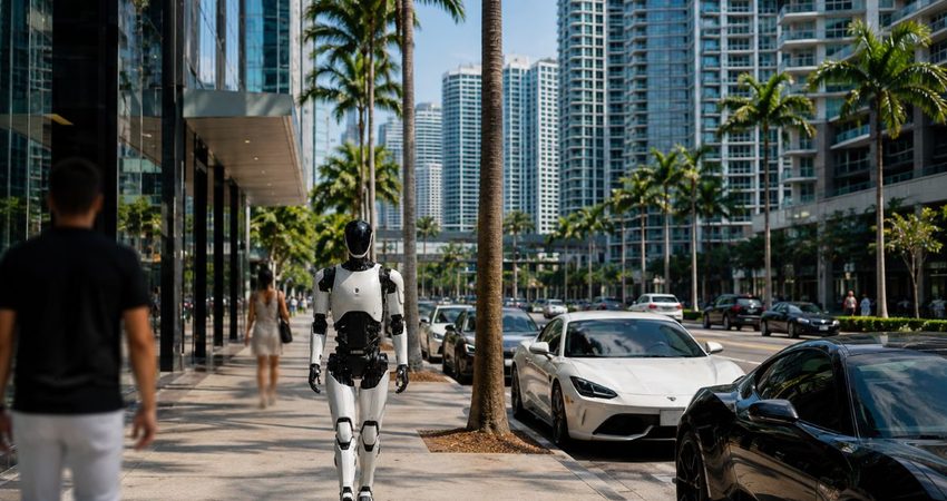 El futuro llegó a Miami: captan a un robot humanoide caminando por Brickell Robot en Miami