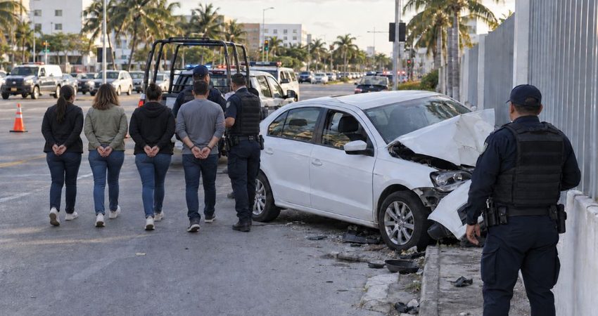 Persecución de cubanos en Cancún termina con un auto estrellado frente a la Guardia Nacional accidente de cubanos