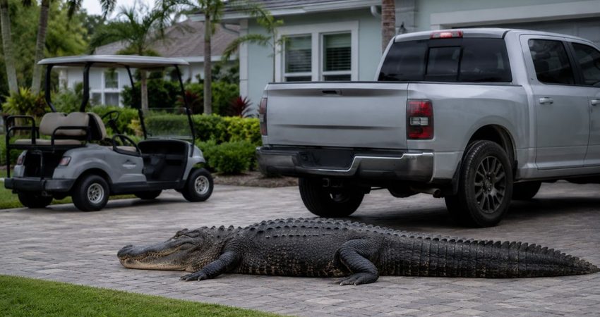 Se mudaron a Florida y encontraron un enorme caimรกn instalado en la entrada de su casa caimanflorida