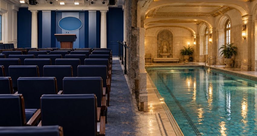Trump desata la polémica al publicar una imagen de una piscina en la sala de prensa de la Casa Blanca casa blanca
