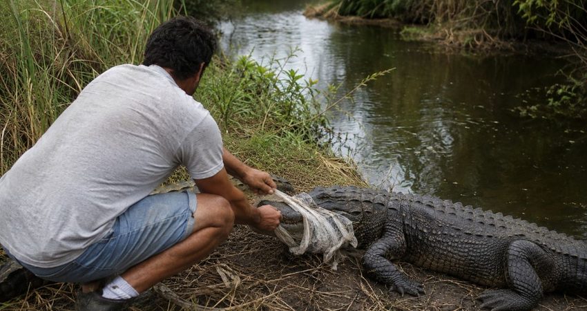 “No te pongas pesada”: cubano quita con sus manos un nailon de la boca de un caimán en Florida cubano y caimán