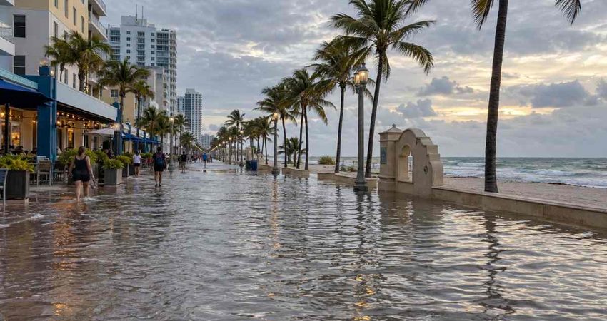 La marea se apodera del paseo de Hollywood Beach y deja calles inundadas en Fort Lauderdale hollywwoodinundacion