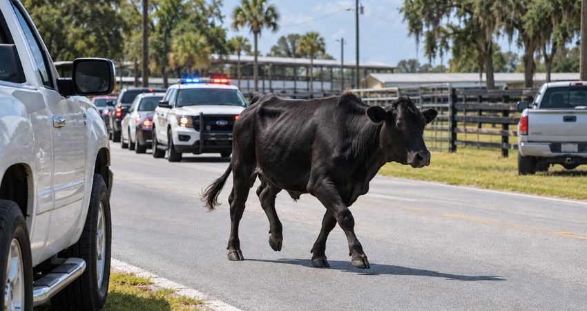 Una vaca desata una persecución en plena carretera de Florida después de escapar de una subasta vaca suelta