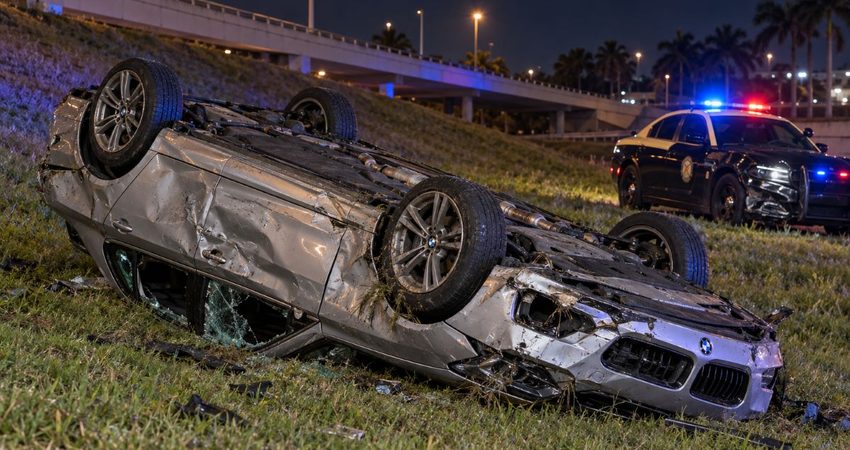 Tres hospitalizados tras aparatoso accidente en el Palmetto que involucró una patrulla de FHP y un BMW BMW volcado junto a patrulla policial