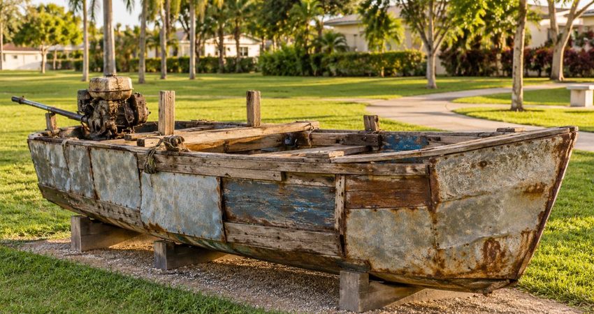 Una balsa en Hialeah despierta una emotiva búsqueda de los cubanos que llegaron en ella a EE.UU Balsa cubana exhibida en Hialeah