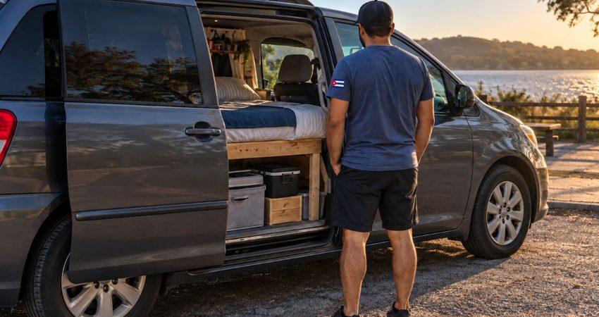 “Es posible vivir de otra manera”: La apuesta de un cubano por vivir en una minivan para reducir gastos Bandera cubana en el pulóver azul