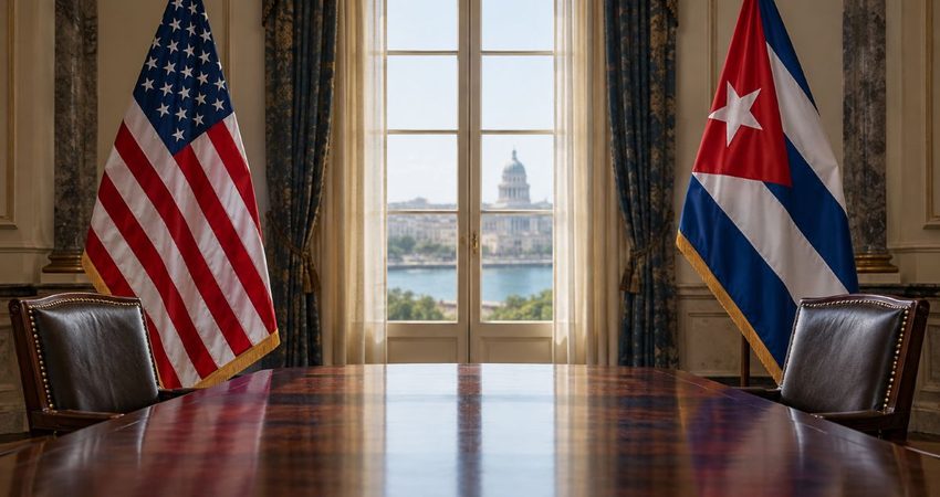 Departamento de Estado califica de “propaganda” la versión del régimen cubano sobre el diálogo con EE.UU Banderas frente a frente en sala vacía