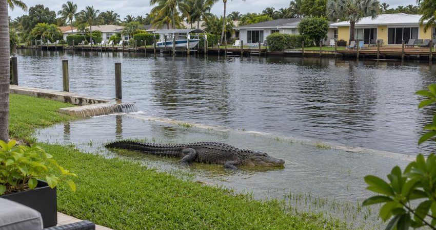 Policía de Broward emite alerta tras avistamiento de un caimán en un patio de Wilton Manors arrastrado por las Mareas Rey Caimán en patio inundado por marea alta