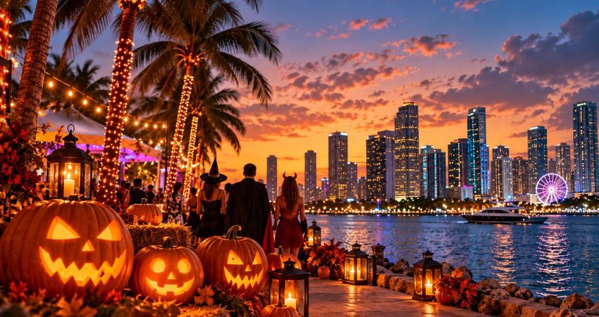 Miami se prepara para una semana de Halloween a lo grande: 19 planes del 26 de octubre al 1 de noviembre Calabazas de Halloween y skyline de Miami