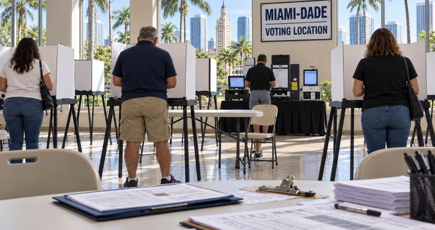 Miami-Dade: el 76% rechaza deportar a cubanos sin antecedentes, pero el 68% sigue con los republicanos Centro de votación en Miami-Dade