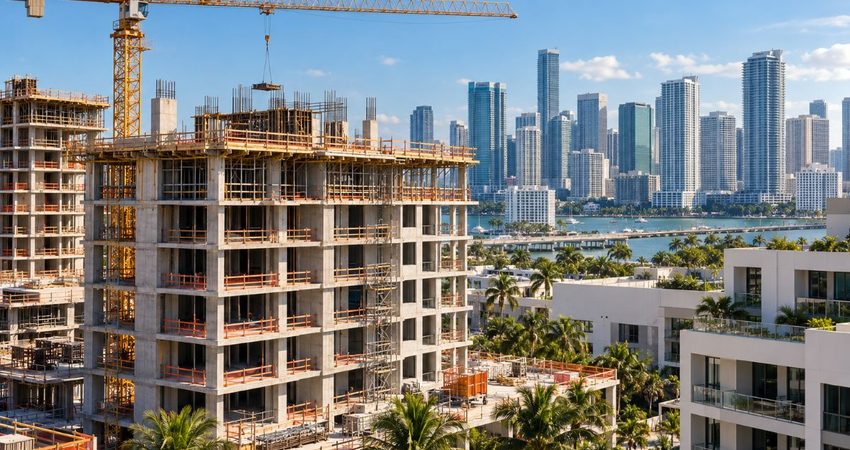 Más viviendas y menos demoras: Miami entra en un programa financiado por Bloomberg Construcción residencial en el skyline de Miami