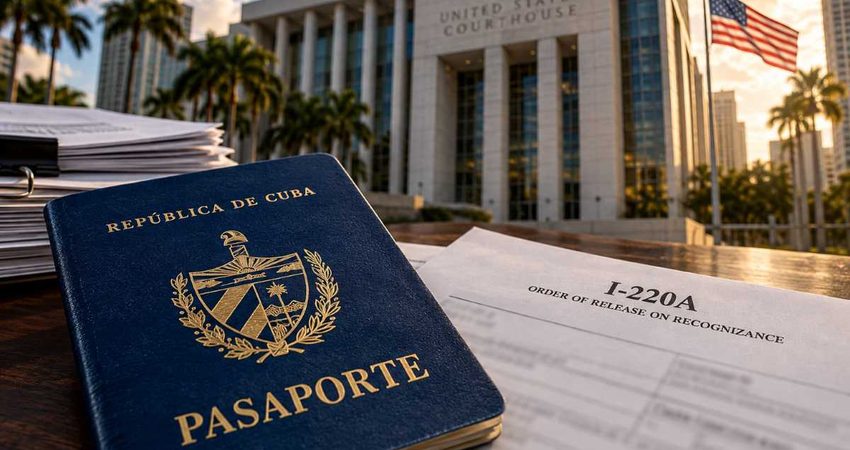 Gobierno de Trump vuelve a pedir que se desestime la demanda de cubanos con I-220A ante la jueza Becerra Cuban passport beside I-220A court papers