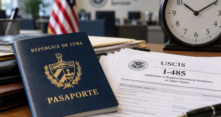 Residencia para cubanos: abogada cuestiona los tiempos de USCIS frente a la espera que ve en la práctica Cuban passport beside USCIS forms and clock