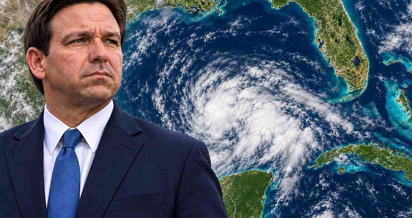 Florida se prepara para un posible huracán: DeSantis declara emergencia en 25 condados DeSantis portrait with Gulf storm map