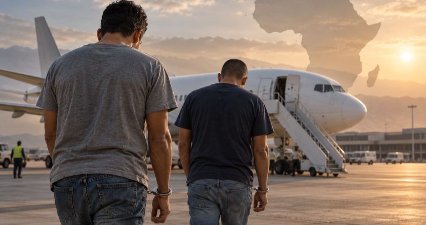 Cubanos deportados a África aseguran no tener antecedentes penales y varias irregularidades durante el traslado Dos hombres esposados ante un avión