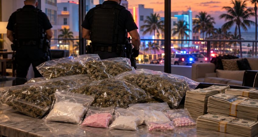 Golpe al narcotráfico en Miami Beach: cuatro arrestados tras infiltrar grupos de WhatsApp Drogas y efectivo incautados en Miami Beach