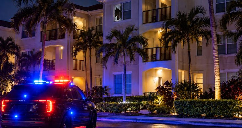 Identifican al joven secuestrado en North Miami y hallado sin vida en el suroeste del condado Edificio nocturno, palmeras y luces de emergencia