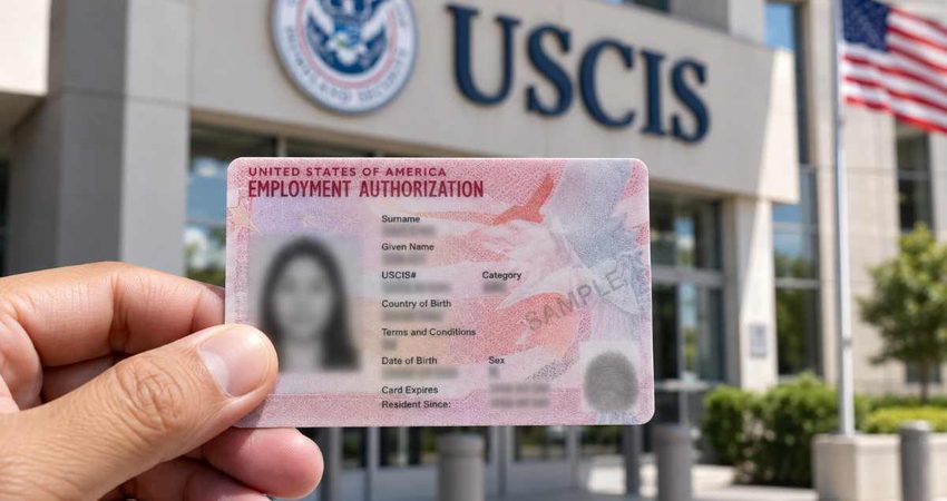DHS ratifica el fin de extensiones automáticas de permisos de trabajo: renovar a tiempo ya no garantiza seguir trabajando Employment authorization card at USCIS entrance (1)
