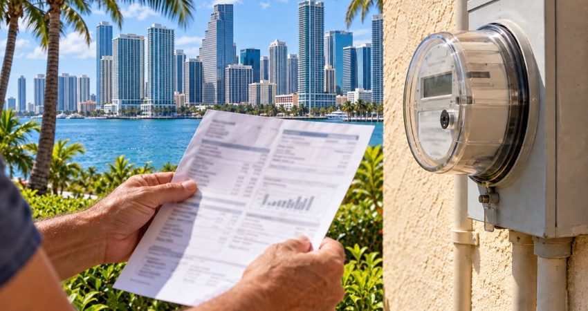 ¿Problemas para pagar la luz? Miami-Dade tiene ayudas de hasta $2.000 Factura eléctrica frente al skyline de Miami