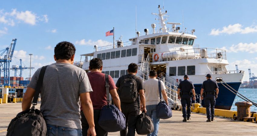 Barcos para deportar migrantes: la propuesta que estudia la administración Trump para reforzar su política migratoria Ferry compacto en el muelle portuario