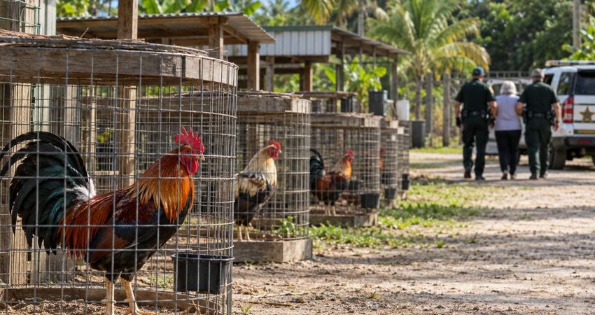 Dueña de finca enfrenta cargos tras operativo que descubrió miles de gallos en Miami-Dade Gallos en corrales, escena rural de Miami