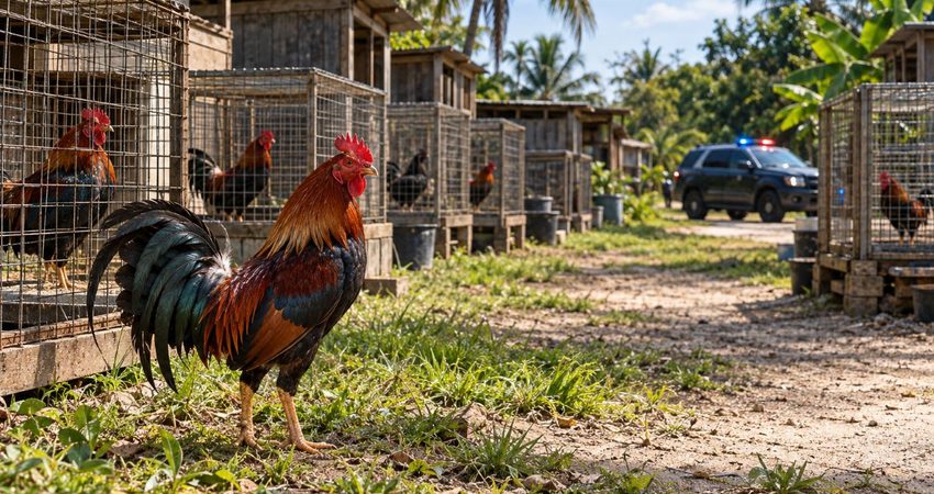 Una llamada llevó al segundo detenido tras el hallazgo de miles de gallos en Miami-Dade Gallos en corrales y patrulla al fondo