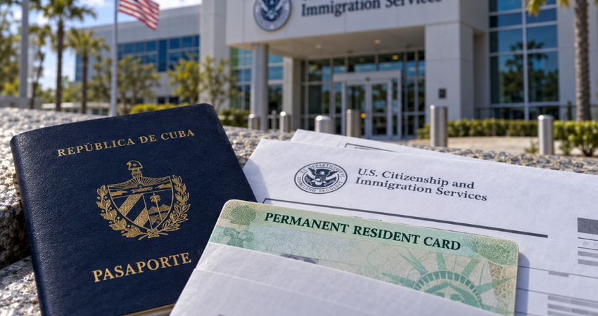 Residencia por Ley de Ajuste Cubano tarda más: tiempo de USCIS sube casi un 69 % Green Card and Cuban Passport at USCIS