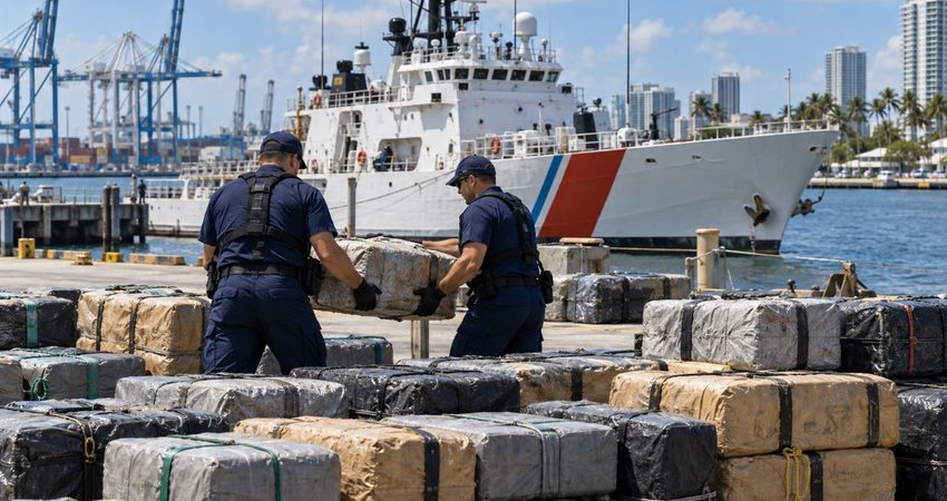 Seis lanchas interceptadas y un cargamento millonario: Guardia Costera descarga drogas en Florida Guardia Costera descarga fardos incautados