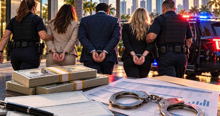 Acusan a varias personas de una presunta trama de fraude bancario y lavado de dinero en el sur de Florida Handcuffed trio, patrol SUV, and documents