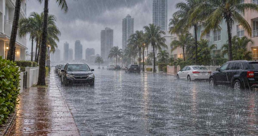 Inundaciones ya afectan calles de Miami y Broward y podrían empeorar al comenzar la semana Heavy rain over flooded Miami street