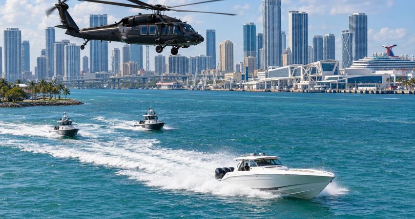 ¿Persecución o entrenamiento? Las incógnitas tras las maniobras de un helicóptero y varias lanchas en Miami Helicóptero y lancha sobre Biscayne Bay