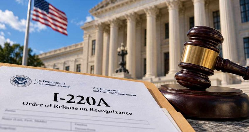 Cubanos con I-220A esperan decisiones clave: abogada explica qué puede pasar en Bello-Rubio I-220A Document and Gavel at Courthouse