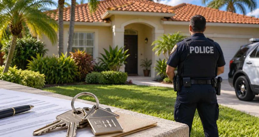 Fue a revisar una casa y encontró al dueño muerto: ahora acusan a un policía de Florida de apropiarse de la vivienda Keys, paperwork, and a police officer