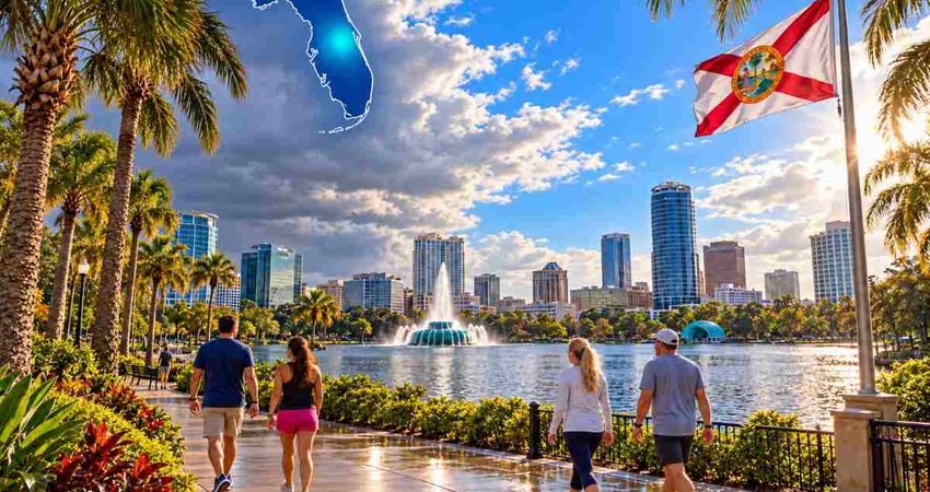 Frente frío llegará a Florida trayendo un cambio en el tiempo Lake Eola clearing skies with Florida inset