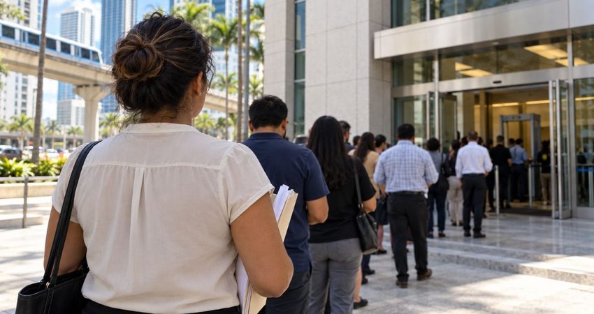 “No salgan del edificio”: cubana con I-220A comparte una advertencia tras su primera corte de inmigración en Miami Larga fila ante el tribunal de Miami