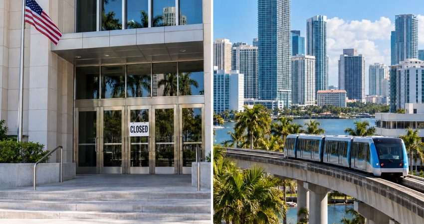 Columbus Day cambia la rutina en Miami-Dade: qué cierra y qué funciona este 12 de octubre Letrero CLOSED en oficina de Miami
