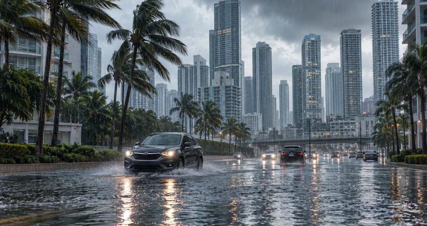 Lluvias, viento y mar peligroso: el pronóstico que complica el fin de semana en el sur de Florida Lluvia intensa sobre Brickell anegado