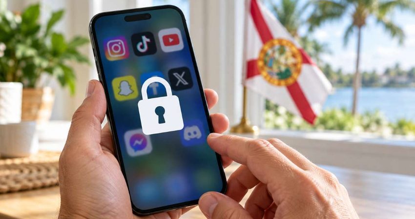 Florida podrá prohibir cuentas en ciertas redes sociales a menores de 14 años tras un fallo federal Locked Smartphone with Florida Flag
