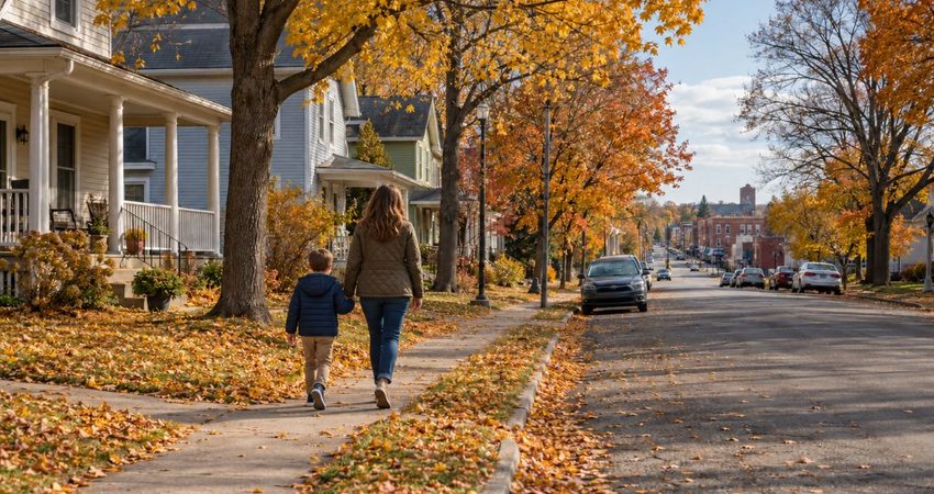 Cubana lleva casi tres años en Minnesota y revela que la sorprendió de su pequeño pueblo: "Prácticamente todo te queda a pocos minutos" Madre e hijo caminan entre árboles otoñales