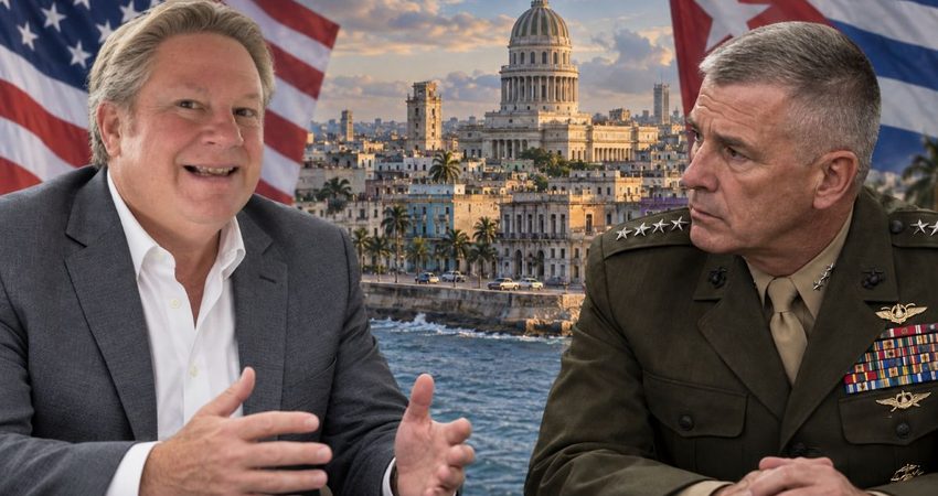 “Mucho de qué hablar sobre Cuba”: Mike Hammer se reúne con el jefe del Comando Sur tras recientes advertencias de Trump Montaje editorial con retratos y banderas