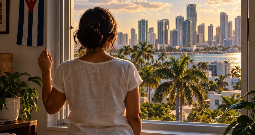 «A mí no me van a callar»: cubana emigrada cuestiona la falta de unidad ante la crisis en la isla Mujer contemplando Miami con bandera cubana