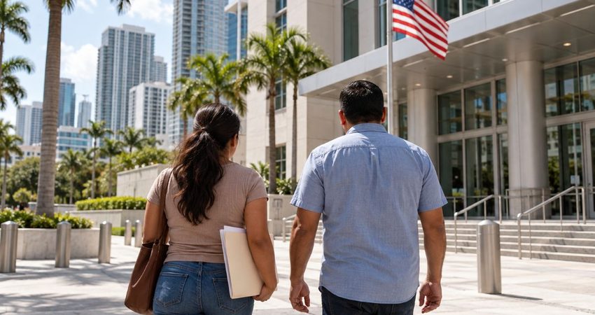 “El juez nos trató de maravilla”: mujer relata su experiencia en una corte migratoria de Miami Pareja ante corte migratoria en Miami