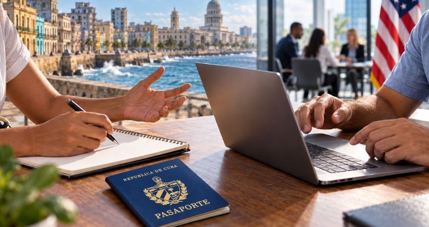 EE.UU. abre oportunidad para emprendedores cubanos: formación y prácticas en empresas estadounidenses Pasaporte cubano dorado sobre el escritorio