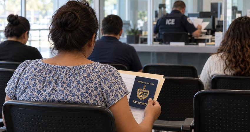 Seis horas de incertidumbre: cubana con I-220A relata su experiencia tras acudir a una cita con ICE Pasaporte cubano en sala de espera