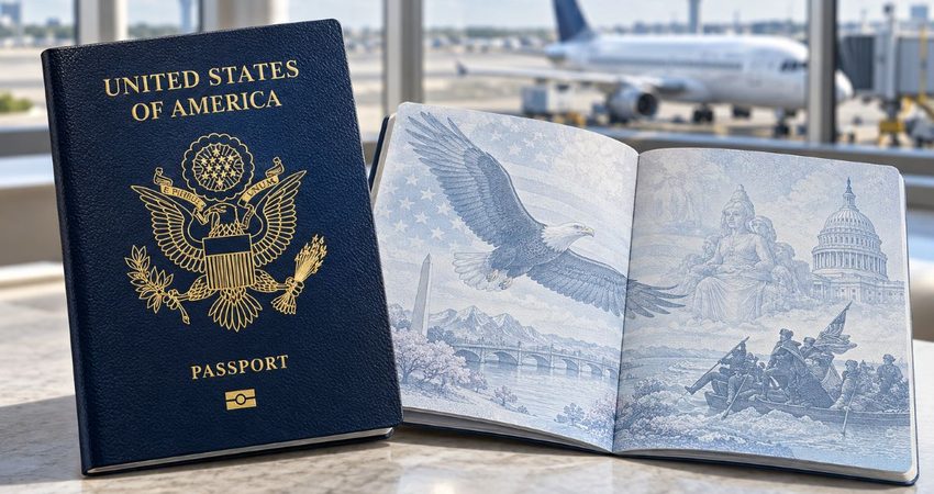 El pasaporte estadounidense cambiará por dentro y por fuera: así será la versión prevista para 2028 Pasaporte estadounidense rediseñado en el aeropuerto