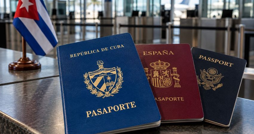 Cuba endurece las reglas para sus ciudadanos con otro pasaporte: sanciones de hasta 200.000 pesos Pasaportes frente a la bandera cubana