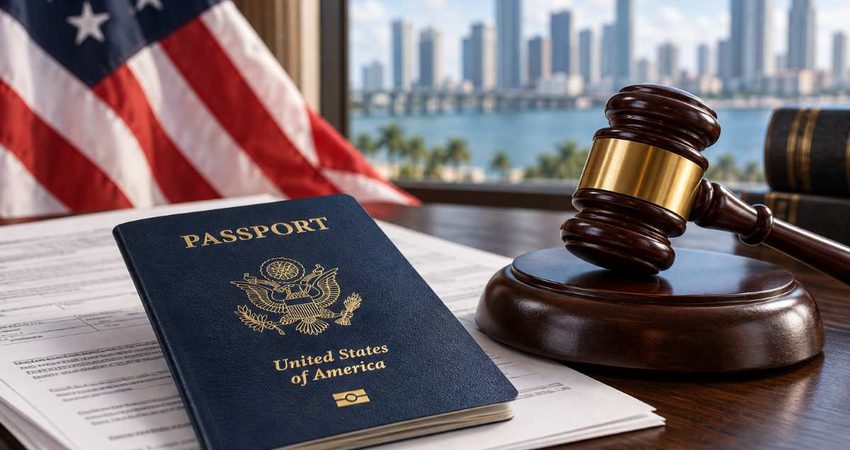 Cubana pierde la ciudadanía estadounidense tras ocultar delitos vinculados a un fraude en Florida Passport and gavel beside naturalization papers