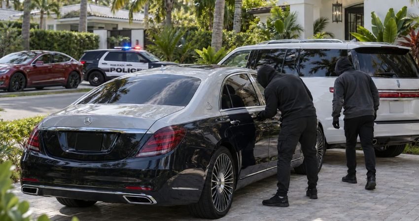 Enmascarados intentan abrir autos de lujo en Miami Beach: dos adolescentes terminan arrestados Patrulla de Miami Beach junto al Tesla