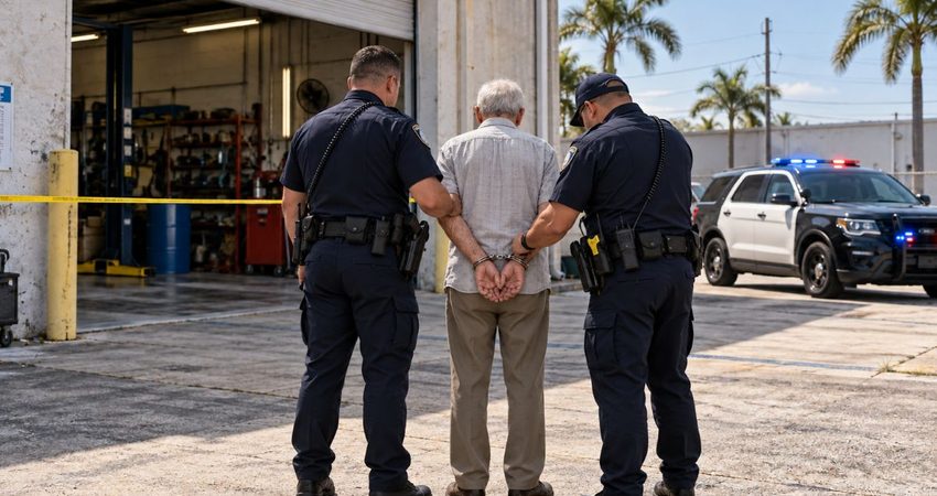 Le exigieron dejar de dormir en el taller y presuntamente mató al dueño: acusado de 81 años en Medley Policías municipales en el taller acordonado